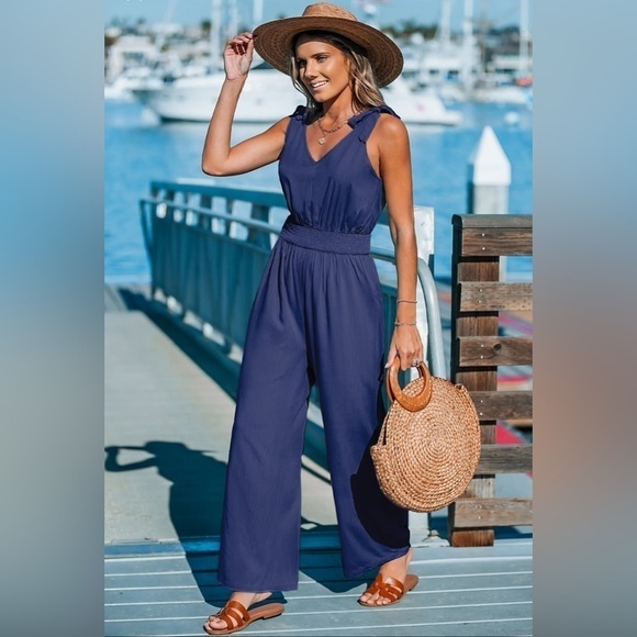 Cupshe Blue Sleeveless Tie Shoulder Wide Leg Jumpsuit Sz S - Picture 1 of 10